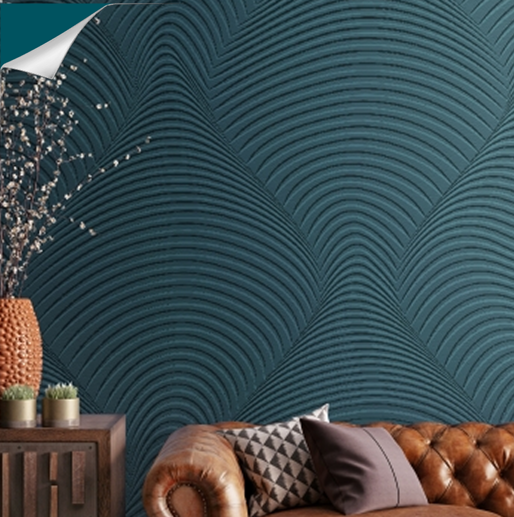 Brown couch with PEBBLD Maximalist Collection blue curve pattern