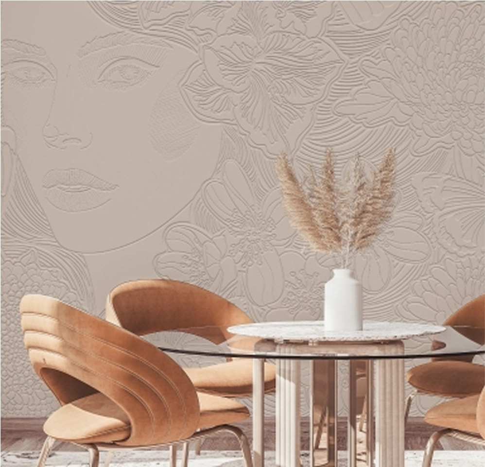 PEBBLD biophilia wallpaper paired with earthy furniture in autumn-themed space