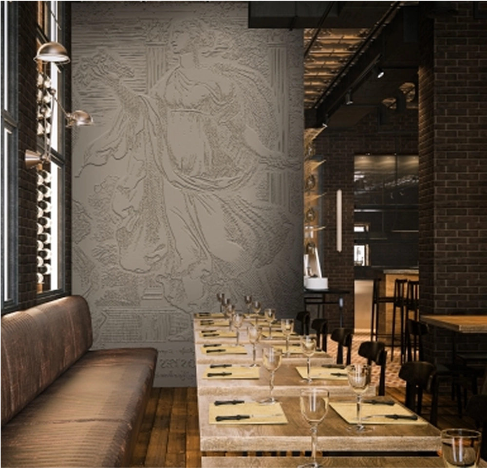 PEBBLD modern wall design paired with restaurant furniture and lighting