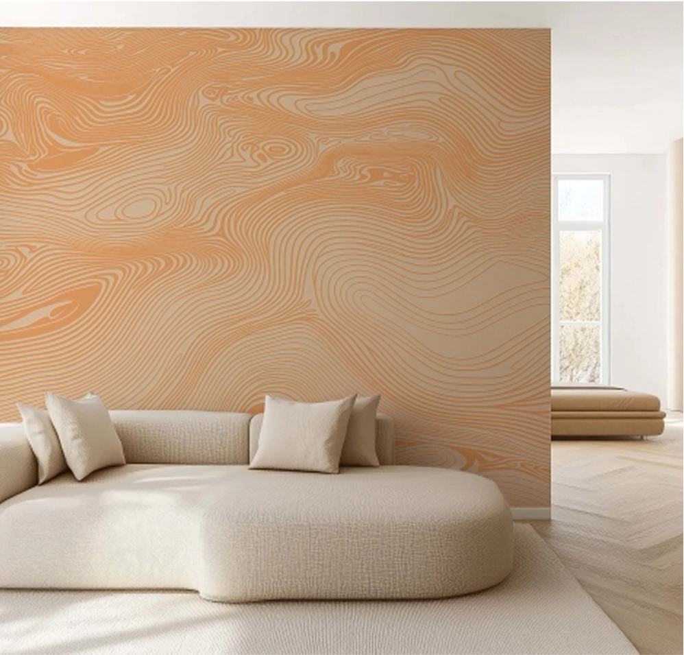 PEBBLD abstract wallpaper collection paired with modern gray couch