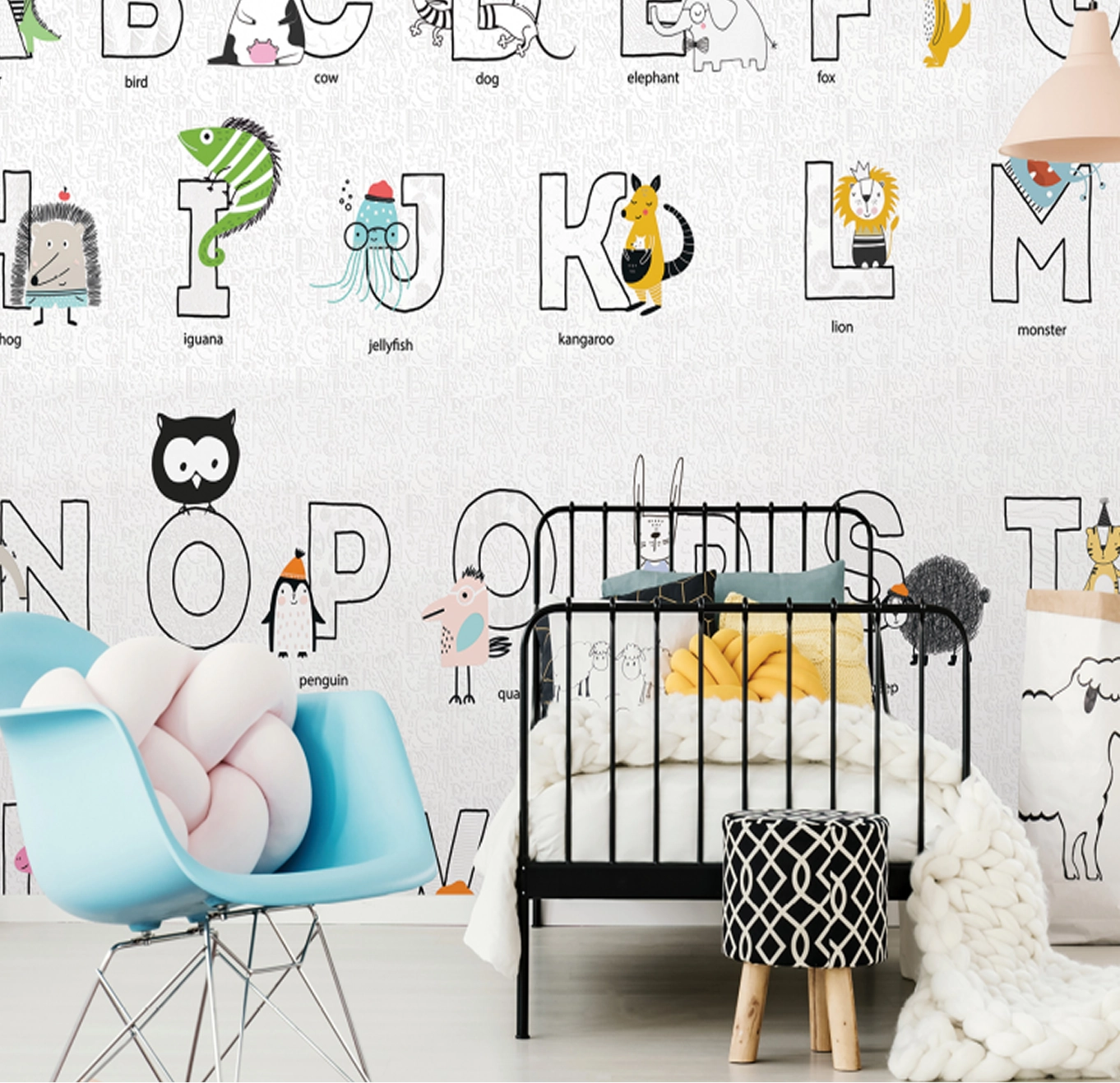 Letters and animals wall art from PEBBLD’s Little Worlds collection