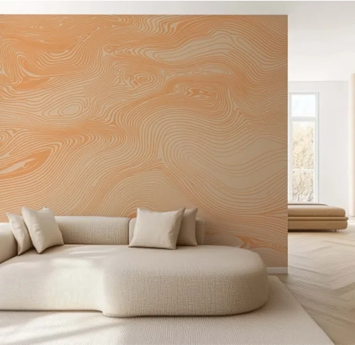 PEBBLD abstract wallpaper collection paired with modern gray couch